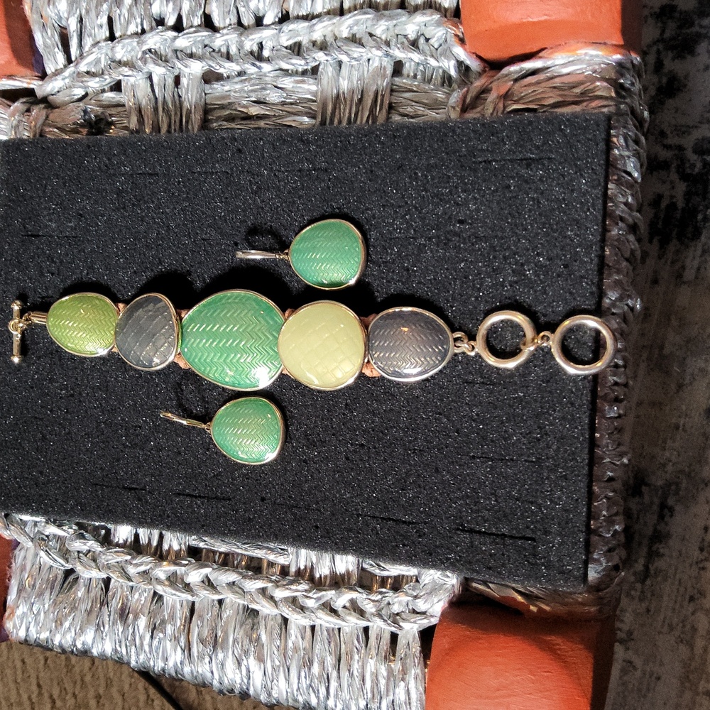 14k Gold plated variety of green colors Bracelet and Earrings